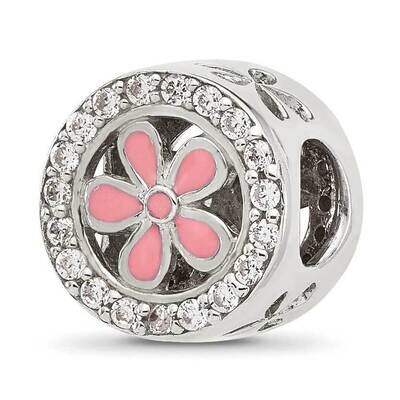 Polish CZ and Pink Enamel Flower Circle Bead Sterling Silver QRS4371, MPN: QRS4371,