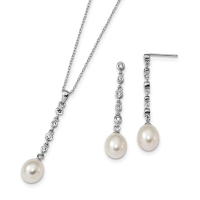 8-9mm White Cultured Freshwater Pearl CZ Diamond Earring Necklace Set Sterling Silver Rhodium-plate…