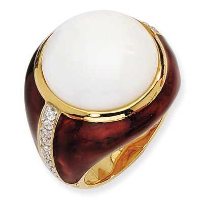 Gold-Plated Brown Enam Simulated Wht Agate &amp; Cz Ring Sterling Silver QCM560-6