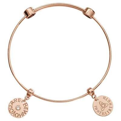 Nikki Lissoni Charm Bangle Rose Gold-Plated with Two Fixed Charms Inner Strength Be Who You Are 21c…
