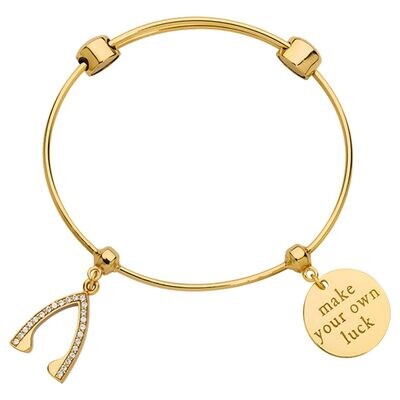 Nikki Lissoni Charm Bangle with Two Fixed Charms Wishbone Make Your Own Luck Gold-plated 21cm B1156…
