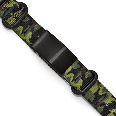 Brushed Blk IP Green Camo Fabric Adjustable ID Bracelet - Stainless Steel SRB1777 by Chisel, MPN: S…