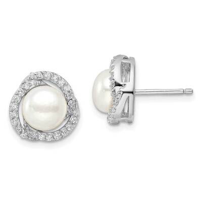 Cheryl M White Fw Cultured Pearl CZ Diamond Love Knot Earrings Sterling Silver Rhodium-plated QCM14…