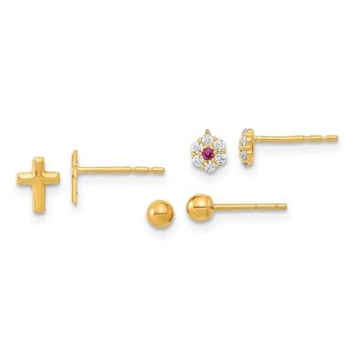 Set of Ball Post CZ Diamond Flowers and Cross 3 Pair Earrings Set 14k Gold Polished YE2126, MPN: YE…