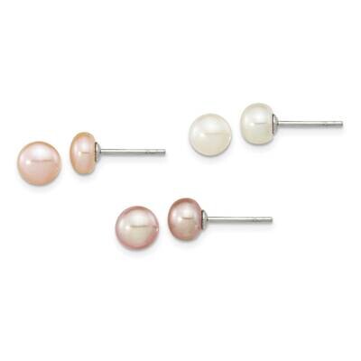 6-7mm Set of 3 Wt Purp Pnk Button Fwc Pearl Earrings Sterling Silver Rhodium-Plated QE16323, MPN: Q…