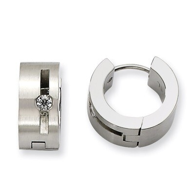 Synthetic Diamond Brushed &amp; Polished Round Hinged Hoop Earrings - Stainless Steel SRE354 by Chisel,…
