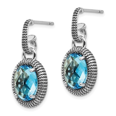 Blue Topaz Post Dangle Earrings Sterling Silver &amp; 14k Gold Antiqued QTC1004, MPN: QTC1004, 19110138…