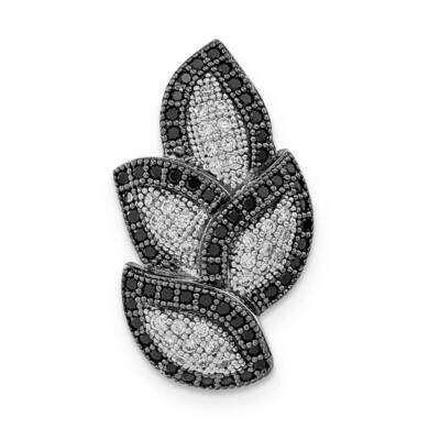 Sterling Silver Rhodium-plated Black &amp; Clear CZ Leaves Chain Slide Pendant QMP1522