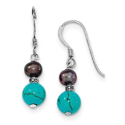 Black Pearl &amp; Turquoise Dangle Earrings Sterling Silver Cultured QE1277, MPN: QE1277, 886774079301