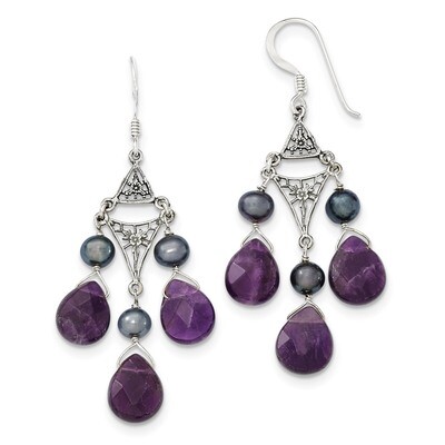 Amethyst &amp; Peacock Cultured Pearl Earrings Sterling Silver QE1335, MPN: QE1335, 886774246468