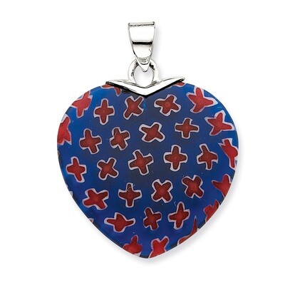 Blue &amp; Red Glass Stone Polished Heart Pendant Sterling Silver QP1855