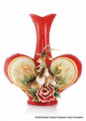 Franz Porcelain Peony and Double Goats Large Vase Limited Editon of 988 FZ02996, MPN: FZ02996,
