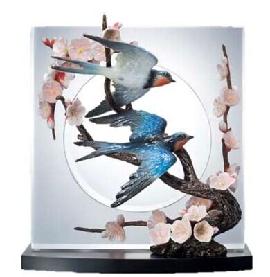 Franz Porcelain Lucite Swallow Design Porcelain Swallow Plum Blossom with Wooden Base Limited Edito…