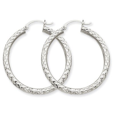 Diamond-cut 3mm Round Hoop Earrings 10k White Gold 10TC251, MPN: 10TC251, 883957896496