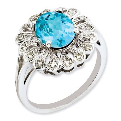 Blue Topaz Ring Sterling Silver Diamond QR3028BT, MPN: QR3028BT, 886774674452