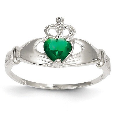 Synthetic Diamond May Birthstone Claddagh Heart Ring 14k White Gold D1784, MPN: D1784, 883957898810