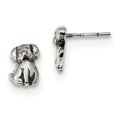 Dog Post Earrings Sterling Silver Antiqued QE13359, MPN: QE13359, 191101233715