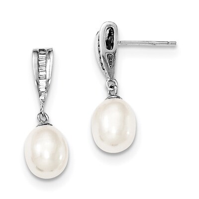 7-8mm White Cultured Freshwater Pearl CZ Diamond Post Dangle Earrings Sterling Silver Rhodium-plate…