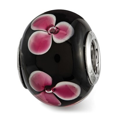 Pink Floral Black Glass Bead Sterling Silver QRS3831, MPN: QRS3831,