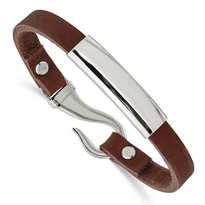 ID Brown Leather Bracelet Stainless Steel Polished SRB1363-8.5 by Chisel, MPN: SRB1363-8.5, 8867746…