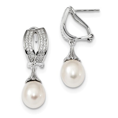 8-9mm Rice Cultured Freshwater Pearl CZ Diamond Omega Back Earrings Sterling Silver Rhodium-plated …