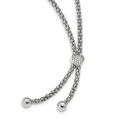 CZ Diamond Heart Dangle Necklace 17 Inch Sterling Silver Rhodium Plated QG4616-17, MPN: QG4616-17,
