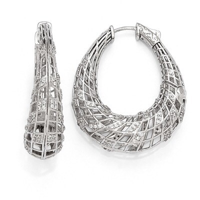 Rhodium Plated CZ Oval Hinged Hoop Earrings Sterling Silver QE11297