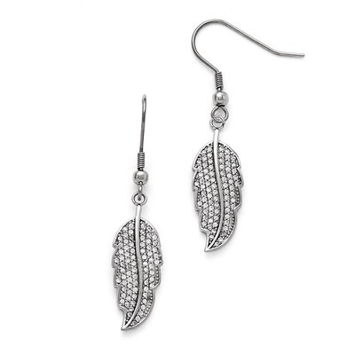 Polished Leaf with Synthetic Diamonds Shepherd Hook Earrings - Stainless Steel SRE804 by Chisel, MP…