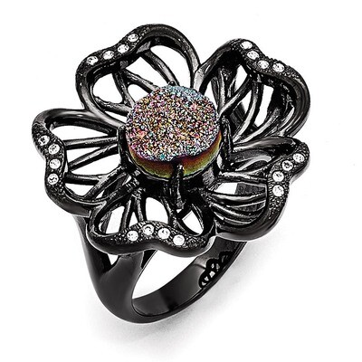 Polished Black IP-plated Druzy and Crystal Ring - Stainless Steel SR442 by Chisel, MPN: SR442, 8839…