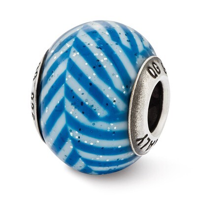 Italian Blue Stripes with Glitter Glass Bead Sterling Silver QRS2509, MPN: QRS2509, 883957003634