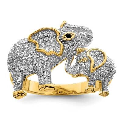 Gold Tone Mom &amp; Baby CZ Diamond Elephants Ring Sterling Silver Rhodium-Plated QR7223, MPN: QR7223,