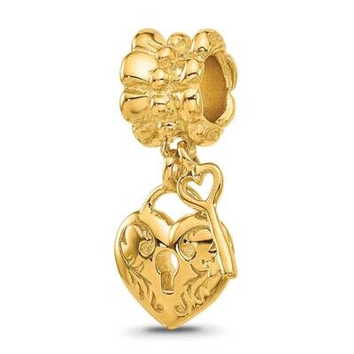 Gold-plated Heart and Key Dangle Bead Sterling Silver QRS1947GP, MPN: QRS1947GP,