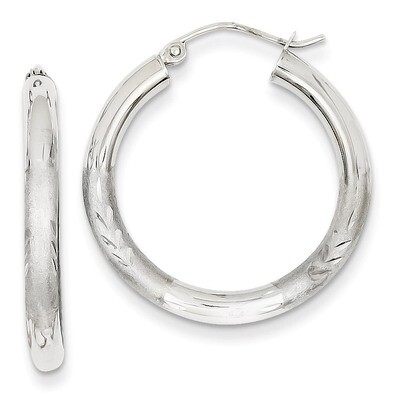 Satin &amp; Diamond-cut 3mm Round Hoop Earrings 14k White Gold TC277, MPN: TC277, 883957289526