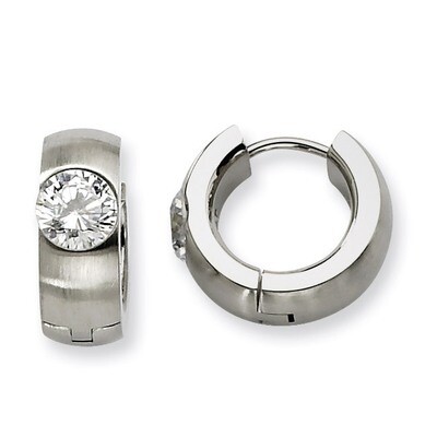 Synthetic Diamond Brushed &amp; Polished Round Hinged Hoop Earrings - Stainless Steel SRE356 by Chisel,…