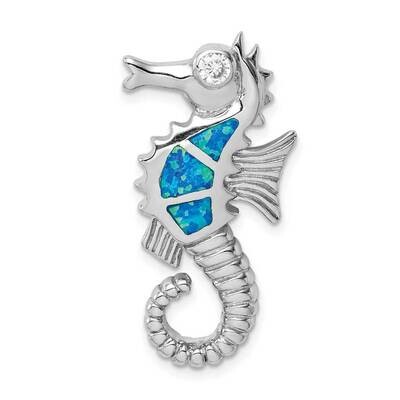 Created Blue Opal &amp; CZ Diamond Seahorse Slide Sterling Silver Rhodium-plated QP5373, MPN: QP5373, 8…