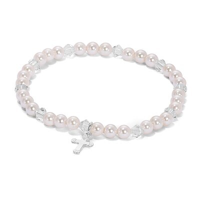 Cross Pink Shell Bead &amp; Crystal Stretch Bracelet with Pouch Sterling Silver GM18014, MPN: GM18014,