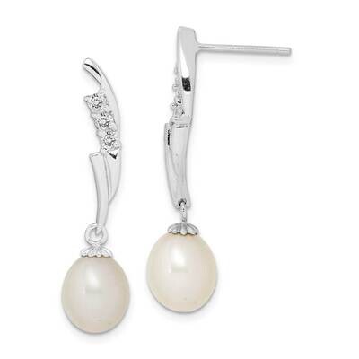 7-8mm White Rice Freshwater Cultured Pearl CZ Diamond Earrings Sterling Silver Rhodium Plated QE152…