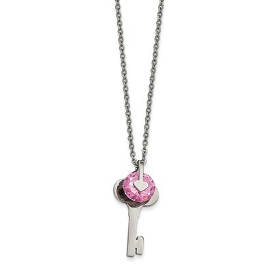 Polished with Pink CZ Key Necklace Stainless Steel SRN1860-18
