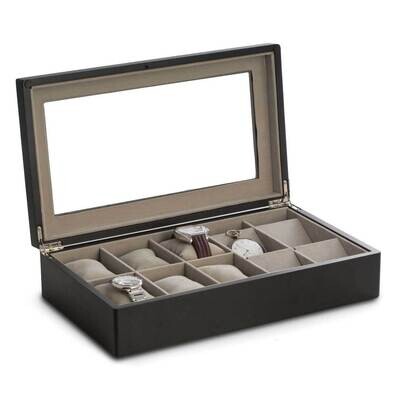 Matte Black Wood Finish 6-Wrist and 4-Pocket Watch Case with Glass Top GM21259, MPN: GM21259, 79714…