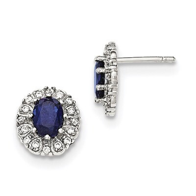 CZ Diamond and Synthetic Sapphire Oval Post Earrings Sterling Silver QE12494, MPN: QE12494, 8839577…
