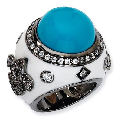 Cheryl M Enamel Simulated Turquoise &amp; Cubic Zirconia Ring Black-plated Sterling Silver QCM547, MPN:…