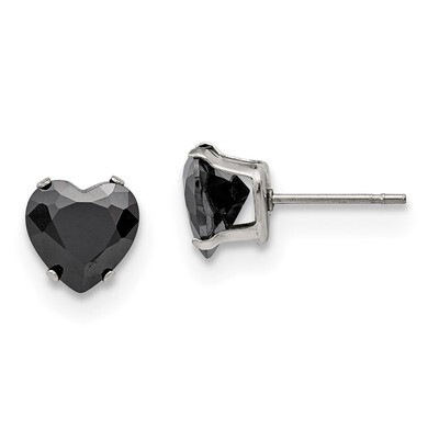 8mm Black Heart Diamond CZ Stud Post Earrings Stainless Steel Polished SRE1084 by Chisel, MPN: SRE1…