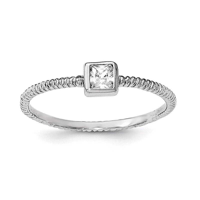 Textured CZ Diamond Square Ring Sterling Silver Rhodium-plated Polished QR6178, MPN: QR6178,