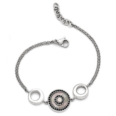 Polished Black Mother of Pearl and Crystal with 0.75 Inch Extension Bracelet - Stainless Steel SRB1…