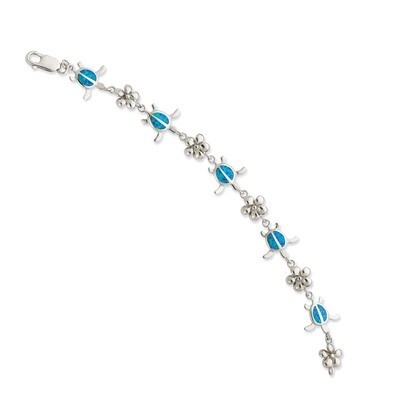 7 Inch 7in Created Blue Opal Inlay Tortoise Flower Bracelet Sterling Silver QG3114-7, MPN: QG3114-7…