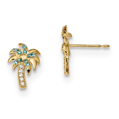 Madi K Blue &amp; Clear CZ Diamond Palm Tree Post Earrings 14k Gold GK911, MPN: GK911, 191101901560