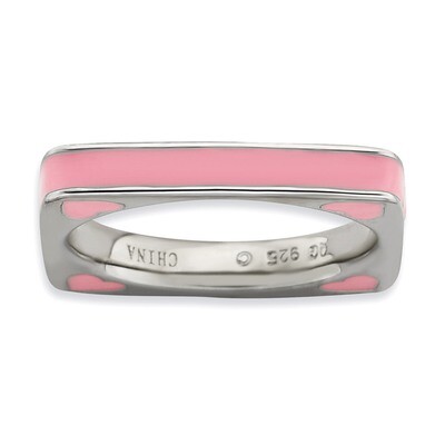 Pink Enameled Square Ring - Sterling Silver Polished QSK588, MPN: QSK588, 886774172989