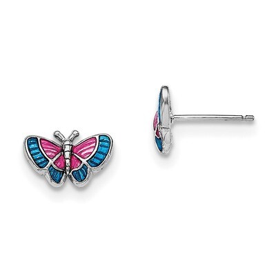 Enamel Butterfly Post Earrings Sterling Silver Rhodium-plated QGK107, MPN: QGK107, 886774965475