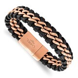 Rose IP-plated Brown Leather Bracelet Stainless Steel Brushed SRB2244-8.5 by Chisel, MPN: SRB2244-8…