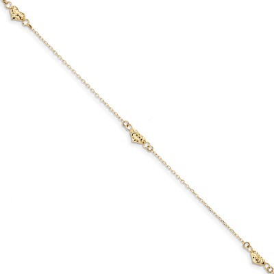 Diamond -cut Triple Puffed Hearts with 1 inch Extender Anklet 14k Gold Polished ANK287-9, MPN: ANK2…